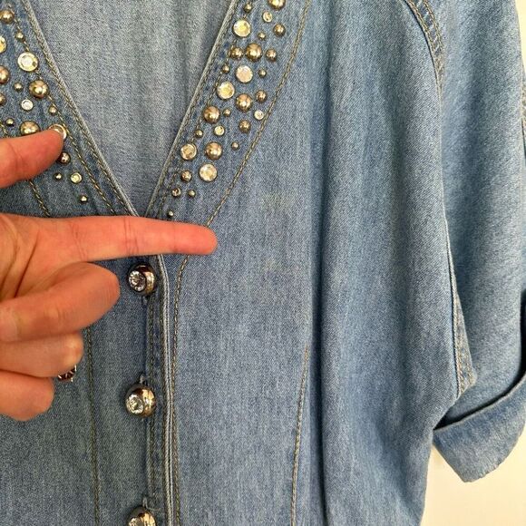 Monique Fashions Women’s Silver Tone Glitzy Studded Denim Short Button Front Rom - Picture 7 of 12